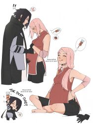  1boy absurdres bare_shoulders barefoot bike_shorts black_gloves black_hair black_jacket black_pantyhose black_shorts blush boruto:_naruto_next_generations breasts chibi chibi_inset closed_eyes couple dango dress elbow_sleeve facial_mark female food forehead_mark gloves grey_shirt hair_over_shoulder hanarteoficial hand_on_another&#039;s_stomach hand_on_own_hip hands_on_own_stomach highres indian_style jacket long_hair looking_at_another low_ponytail medium_breasts naruto_(series) pantyhose parted_lips pink_hair ponytail pregnant red_dress sakura_haruno shirt short_hair shorts sitting straight tongue tongue_out twitter_username uchiha_sasuke wagashi white_background 