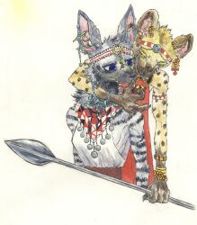  2018 anthro blue_eyes clothed clothing duo ear_piercing facial_piercing female fur grey_body grey_fur hi_res hug hugging_another hugging_from_behind hyena jewelry mammal melee_weapon necklace piercing polearm sibaketsu simple_background spear spots spotted_hyena stripes traditional_media_(artwork) tribal weapon white_background 