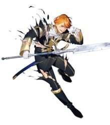  1boy belt boots epaulettes ferdinand_von_aegir fire_emblem fire_emblem:_three_houses fire_emblem_heroes full_body garreg_mach_monastery_uniform gloves highres injury male_focus non-web_source official_art open_mouth orange_eyes orange_hair polearm solo spear teeth torn_clothes transparent_background weapon 