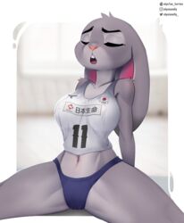  absurd_res anthro belly big_breasts breasts clothing collarbone disney elysianelly exposure_variation female front_view hi_res japan japanese japanese_flag japanese_text judy_hopps lagomorph leporid mammal navel nipple_outline rabbit solo sport spread_legs spreading stretching text thick_thighs uniform volleyball zootopia 