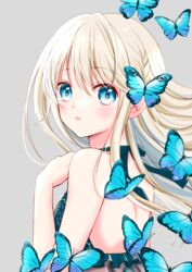  back bare_shoulders bikini blonde_hair blue_butterfly blue_eyes blush breasts bug butterfly choppy_bangs commentary_request female frilled_bikini frills grey_background hair_between_eyes halterneck hand_up highres long_hair looking_at_viewer looking_back original parted_lips sidelocks simple_background solo swimsuit tiramisu651 upper_body 