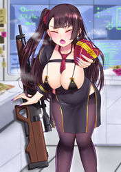  blush box box_of_chocolates breasts bullpup closed_eyes covered_navel female girls&#039;_frontline gun heart-shaped_box highres indoors large_breasts long_hair long_sleeves nail_polish necktie one_side_up open_mouth pantyhose popoman purple_hair purple_nails purple_pantyhose red_necktie rifle sideboob sniper_rifle solo wa2000_(girls&#039;_frontline) walther walther_wa_2000 weapon 