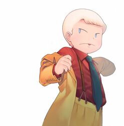  1boy aqua_eyes aqua_neckwear blonde_hair collared_shirt jacket long_sleeves mifu_(b24vc1) necktie pants patalliro! patalliro_du_malyner_viii red_shirt shirt shirt_tucked_in short_hair simple_background solo suspenders upper_body white_background yellow_jacket yellow_pants 