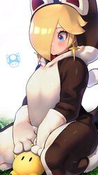  animal_costume blonde_hair blue_eyes blush bodysuit cat_costume cat_rosalina commentary earrings female grass hair_over_one_eye highres jewelry kashu_(hizake) luma_(mario) mario_(series) rosalina seiza shadow sitting solo super_mario_3d_world super_mario_galaxy symbol-only_commentary white_background 