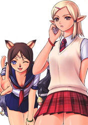  2girls ;d adventurer_(ff11) animal_ears animal_nose arm_behind_back bag bag_charm bent_over black_bag blonde_hair blue_eyes blue_pupils blue_sailor_collar blue_skirt bra bra_peek bracelet breasts brown_eyes brown_hair brown_pupils cat_ears cat_girl cat_tail cellphone charm_(object) cleavage collarbone collared_shirt contemporary downblouse elf elvaan fangs final_fantasy final_fantasy_xi fingernails hair_ornament hairclip hand_on_own_thigh hand_up handbag holding holding_phone jewelry looking_at_viewer miniskirt mithra_(ff11) moogle motion_lines multiple_girls neckerchief necktie no_eyebrows one_eye_closed open_mouth outstretched_arm parted_bangs phone pink_bra pink_lips plaid plaid_skirt pleated_skirt pointy_ears purple_bag red_neckerchief red_necktie red_skirt ringed_eyes sailor_collar school_uniform serafuku shirt short_hair short_sleeves short_twintails simple_background skirt small_breasts smile standing tail tail_raised taisai_soft thigh_gap thighs twintails underwear v white_background white_shirt 