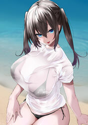  beach bikini bikini_under_clothes black_bikini blue_eyes blush breasts brown_hair female highres large_breasts long_hair looking_at_viewer mitsudoue open_mouth original outdoors shirt shore short_sleeves smile solo swimsuit tongue tongue_out twintails white_shirt 