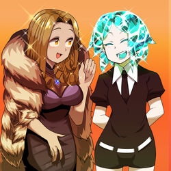  1other androgynous aqua_gemstone aqua_hair aqua_tongue black_survival blush breasts brown_eyes brown_hair character_watermark cleavage closed_eyes coat colored_eyelashes colored_tongue commentary_request cowboy_shot crossover crystal_hair dress female fur_coat gem gem_uniform_(houseki_no_kuni) gradient_background highres houseki_no_kuni jenny_sinclair large_breasts long_hair looking_at_another necktie open_mouth orange_background parted_bangs phosphophyllite purple_dress rinyamame short_hair smile sparkle 