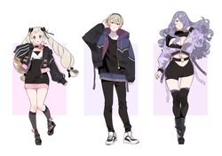  1boy 2girls ai-wa alternate_costume breasts brown_eyes camilla_(fire_emblem) cleavage cleavage_cutout clothing_cutout elise_(fire_emblem) fire_emblem fire_emblem_fates flat_chest hair_over_one_eye highres kneehighs large_breasts leo_(fire_emblem_fates) long_hair looking_at_viewer multiple_girls purple_eyes purple_hair see-through shirt short_hair siblings socks thighhighs thighs twintails very_long_hair white_shirt zipper 