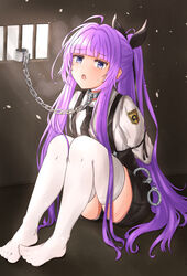  azur_lane black_shorts blue_eyes blush bondage chains collar female hair_ribbon highres long_hair looking_at_viewer mizusaki_(kn27) official_alternate_costume open_mouth panties panties_under_shorts panty_peek ponytail purple_hair ribbon shirt short_shorts shorts sitting solo suspender_shorts suspenders tashkent_(azur_lane) tashkent_(the_bound_cruiser)_(azur_lane) thighhighs underwear white_panties white_shirt white_thighhighs 