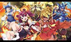  5girls amagaeru_(hylathewet) animal_ears bell bell_earrings bike_shorts bird black_hair blue_eyes blue_hair breasts cat_ears cat_girl closed_eyes commentary conductor_of_nephthys dark-skinned_female dark_skin detached_sleeves devotee_of_nephthys dress duel_monster earrings feather_necklace fire ha-re_the_sword_mikanko hair_over_one_eye hair_ribbon helmet highres jewelry long_hair medium_breasts medium_hair midriff multiple_girls navel necklace ni-ni_the_mirror_mikanko nontraditional_miko ohime_the_manifested_mikanko open_mouth outdoors phoenix ponytail red_eyes red_hair ribbon ring sacred_phoenix_of_nephthys see-through shoes sky smile tank_top twintails very_long_hair yu-gi-oh! 