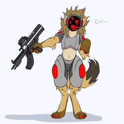  1:1 anthro brown_body cursed_gun digital_media_(artwork) fur gun hyena johmn machine male mammal protogen queen.anasazi ranged_weapon red_eyes screen screen_face solo spots spotted_hyena weapon 