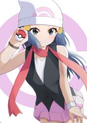  absurdres aftamc bare_shoulders beanie black_vest blue_eyes blue_hair blush bracelet breasts closed_mouth cowboy_shot dawn_(pokemon) dutch_angle female fingernails hand_up hat highres holding holding_poke_ball jewelry leaning_forward long_hair pink_skirt poke_ball poke_ball_(basic) pokemon pokemon_dppt red_scarf scarf sidelocks simple_background skirt sleeveless small_breasts smile solo standing v-shaped_eyebrows vest white_background white_hat 