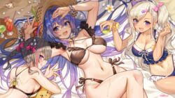  &gt;_&lt; 3girls alternate_costume archerfish_(azur_lane) armpits arms_up azur_lane bare_shoulders beach bikini blonde_hair blush bow bracelet braid breasts cleavage cocktail_umbrella drink drinking_straw gradient_hair grills grin hair_horns hair_intakes hair_ornament hairbow hat highres jewelry large_breasts lime_slice lying manjuu_(azur_lane) multicolored_hair multiple_girls nail_polish navel new_jersey_(azur_lane) on_back on_stomach open_mouth pink_eyes pink_hair purple_eyes purple_hair san_francisco_(azur_lane) smile star_(symbol) star_hair_ornament streaked_hair sun_hat swimsuit tan tanlines tomogy towel twin_braids twintails x_x 