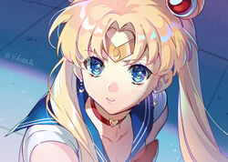  bishoujo_senshi_sailor_moon bishoujo_senshi_sailor_moon_s blonde_hair blue_eyes blue_sailor_collar breasts choker circlet cleavage collarbone commentary_request crescent crescent-shaped_pupils crescent_earrings derivative_work diadem earrings ekita_kuro english_commentary female glint hair_over_shoulder heart heart_choker jewelry light_blush long_hair looking_to_the_side magical_girl meme mixed-language_commentary parted_bangs parted_lips red_choker sailor_collar sailor_moon sailor_moon_redraw_challenge_(meme) sailor_senshi_uniform screenshot_redraw signature solo symbol-shaped_pupils symbol_in_eye tears tile_floor tiles tsukino_usagi twintails upper_body 