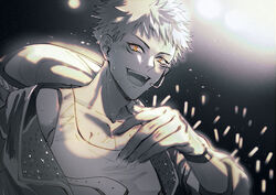  1boy collarbone facial_mark greyscale hand_up highres hood hood_down itadori_yuuji jacket jujutsu_kaisen looking_at_viewer male_focus monochrome open_mouth short_hair smile solo spiked_hair spot_color sweat tank_top whitetown wristband yellow_eyes 