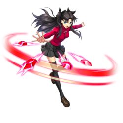  artist_request black_hair black_skirt blue_eyes breasts brown_footwear fate/stay_night fate_(series) female full_body gem hair_between_eyes loafers long_hair long_sleeves looking_at_viewer medium_breasts miniskirt official_art open_mouth pleated_skirt red_shirt shirt shoes skirt solo thighhighs tohsaka_rin tongue transparent_background valkyrie_connect zettai_ryouiki 