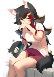  a:n_(angrynum) animal_ear_fluff animal_ears artist_logo black_hair bottle breasts commentary cowboy_shot english_commentary female gym_shorts gym_uniform hand_up holding holding_bottle hololive large_breasts looking_to_the_side messy_hair multicolored_hair ookami_mio red_shorts shorts sidelocks simple_background sitting sitting_on_stairs solo stairs stone_stairs streaked_hair swept_bangs tail thighs two-tone_hair virtual_youtuber water_bottle white_background wiping_mouth wolf_ears wolf_girl wolf_tail 