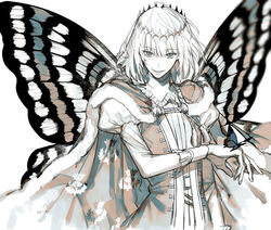  1boy au_(d_elete) blue_eyes bug butterfly butterfly_wings cape crown fate/grand_order fate_(series) fur-trimmed_cape fur_trim highres insect_wings long_sleeves looking_at_viewer male_focus md5_mismatch monochrome oberon_(fate) shirt short_hair smile solo spot_color white_shirt wings 