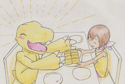  agumon anthro bandai_namco blush chair claws digimon digimon_(species) digimon_adventure duo eating female food furniture hikari_kamiya human male mammal sitting smile tabasukotrr traditional_media_(artwork) yellow_body 