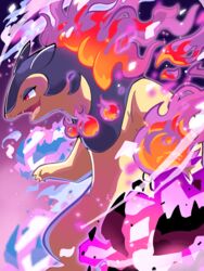  blurry commentary_request embers fangs fire from_side glowing highres hisuian_typhlosion infernal_parade_(pokemon) no_humans open_mouth pokemon pokemon_(creature) purple_background purple_fire red_eyes smile smoke solo sowao. tongue will-o&#039;-the-wisp_(mythology) 