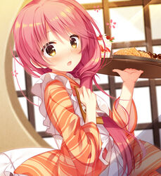  apron blurry blurry_background blush brown_eyes brown_kimono cariboy commentary_request depth_of_field female food frilled_apron frills hair_between_eyes hair_over_shoulder hands_up holding holding_tray japanese_clothes kimono kurama_koharu long_hair long_sleeves maid open_mouth pink_hair plate round_window senren_banka solo tray very_long_hair wa_maid white_apron wide_sleeves window 