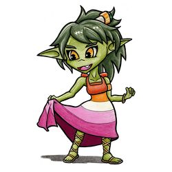  bare_shoulders bone_hair_ornament bracelet colored_skin dress female female_goblin goblin green_hair green_skin hair_ornament holding holding_clothes jewelry konsi lesbian_flag looking_down oerba_yun_fang open_mouth original pointy_ears ponytail sandals self-upload socksandpuppets solo sundress yellow_eyes 