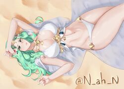  alternate_costume beach bikini blush breasts cape cleavage female fire_emblem fire_emblem:_three_houses fire_emblem_heroes flower green_eyes green_hair hair_flower hair_ornament highres large_breasts long_hair lying n_ah_n navel official_alternate_costume on_back rhea_(fire_emblem) rhea_(summer)_(fire_emblem) sand solo swimming swimsuit wavy_hair white_bikini 