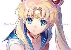  bishoujo_senshi_sailor_moon bishoujo_senshi_sailor_moon_s blonde_hair blue_eyes blue_sailor_collar breasts character_name choker circlet cleavage collarbone commentary_request crescent crescent-shaped_pupils crescent_earrings derivative_work diadem earrings ekita_kuro english_commentary female glint hair_over_shoulder heart heart_choker jewelry light_blush long_hair looking_to_the_side magical_girl meme mixed-language_commentary parted_bangs parted_lips red_choker sailor_collar sailor_moon sailor_moon_redraw_challenge_(meme) sailor_senshi_uniform screenshot_redraw simple_background solo symbol-shaped_pupils symbol_in_eye tears tsukino_usagi twintails upper_body white_background 