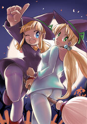  2girls ass blonde_hair blue_eyes blunt_bangs blush breasts broom broom_riding dress earrings full_moon green_eyes halloween hat highres index_finger_raised jewelry kalinka_cossack_(mega_man) large_breasts long_hair looking_at_viewer low_twintails medium_breasts mega_man_(classic) mega_man_(series) moon multiple_girls one_eye_closed open_mouth pantyhose robojanai rockman_xover roll_(mega_man) scarf smile twintails witch witch_hat 