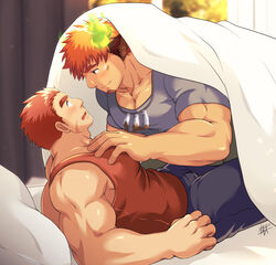  2boys animal_ears bara bare_arms biceps blanket brown_eyes brown_hair bulge casual couple cow_boy cow_ears cow_horns cropped eye_black eye_contact facial_hair feather_necklace feet_out_of_frame fiery_horns flustered forked_eyebrows from_side glowing_horns goatee grey_shirt hand_on_another&#039;s_chest horns indoors jewelry large_pectorals long_sideburns looking_at_another lying male_focus multiple_boys muscular muscular_male necklace on_back on_bed on_person pants pectoral_cleavage pectorals red_tank_top revision scar scar_on_cheek scar_on_face shirt short_hair sideburns smile spiked_hair sunfight0201 sunlight tamamura_gunzo tank_top thick_eyebrows thighs tokyo_afterschool_summoners track_pants wakan_tanka wide-eyed yaoi 