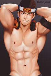  1boy abs absurdres armband arms_behind_head bara black_gloves black_hair brown_eyes gloves gyee headband headphones headphones_around_neck highres large_pectorals lee_(gyee) male_focus min9_(mingmin93) muscular muscular_male navel nipples one_eye_closed pectorals short_hair solo topless_male twitter_username upper_body 