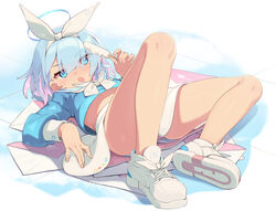  arona_(blue_archive) bare_legs blue_archive blue_eyes blue_hair blue_halo blue_panties blue_shirt blush bow bow_hairband braid breasts colored_inner_hair commentary english_commentary female food footwear_ribbon full_body hair_ribbon hairband halo highres holding holding_food holding_popsicle knees_up light_blue_hair long_bangs long_sleeves lying miniskirt multicolored_hair on_back panties pantyshot pink_hair popsicle puffy_long_sleeves puffy_sleeves revision ribbon sailor_collar saliva saliva_trail school_uniform serafuku sgt-jz shirt shirt_bow shoes short_hair side_braid single_braid skirt small_breasts sneakers solo striped_clothes striped_panties tongue tongue_out two-tone_hair underwear variant_set white_bow white_footwear white_hairband white_ribbon white_sailor_collar white_skirt 