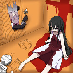  3girls amputee axe barefoot black_gloves black_hair black_shirt black_survival blood blood_on_clothes blood_stain character_request commentary_request copyright_request cross crossover dress dying_message foot_out_of_frame gloves green_eyes hatchet_(axe) here&#039;s_johnny!_(meme) highres holding holding_axe id_:invaded kurodani_yamame long_hair looking_at_another meme missing_limb multiple_girls pool_of_blood powerpuff_girls professor_utonium red_eyes rinyamame shirt short_hair sidelocks sissela_kyle sitting stab sundress touhou very_long_hair white_dress 