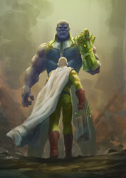  2boys absurdres avengers:_infinity_war avengers_(series) bag bald boots cape colored_skin confrontation crossover draw_souls faceoff gauntlets gloves height_difference highres infinity_gauntlet infinity_gems jumpsuit male_focus marvel marvel_cinematic_universe multiple_boys muscular muscular_male one-punch_man power_suit purple_skin red_footwear red_gloves saitama_(one-punch_man) shopping_bag signature single_gauntlet thanos white_cape yellow_jumpsuit 