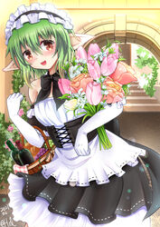  :d arch basket black_bow black_dress bottle bouquet bow brown_eyes dated dress elbow_gloves female flower food fruit gloves grapes hair_between_eyes hal_(harun) highres holding holding_flower lina_(sennen_sensou_aigis) maid maid_headdress open_mouth pointy_ears sennen_sensou_aigis smile solo standing white_gloves wine_bottle 