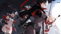  3girls arm_up asymmetrical_clothes azur_lane bikini black_bra black_capelet black_gloves black_hair black_thighhighs blonde_hair bluecher_(azur_lane) bodystocking bra breasts bruenhilde_(azur_lane) capelet colored_inner_hair commentary cross english_commentary fingerless_gloves from_below gauntlets gloves grey_jacket hair_between_eyes headgear highres horns impossible_clothes iron_cross jacket long_hair mechanical_horns medium_hair miniskirt mole mole_on_thigh multi-strapped_bikini_bottom multicolored_hair multiple_girls navel oerba_yun_fang official_art open_mouth plaid plaid_skirt pleated_skirt red_eyes red_horns red_ribbon red_skirt revealing_clothes ribbon short_hair single_gauntlet skin_fang skirt small_breasts split-color_hair swimsuit symbol-shaped_pupils thighhighs twintails two-tone_hair underwear walking white_bikini white_hair whitem_(whiteemperor2020) x-shaped_pupils z16_(azur_lane) 