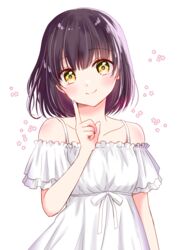  bare_shoulders black_hair blush choppy_bangs closed_mouth collarbone commentary dress female finger_to_cheek hair_ribbon highres looking_at_viewer medium_hair multicolored_hair nail_polish off-shoulder_dress off_shoulder original purple_nails ribbon short_sleeves sidelocks simple_background smile streaked_hair tiramisu651 white_background white_dress white_ribbon yellow_eyes 