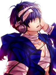  1boy aosame_rain bad_id bad_pixiv_id bandages collarbone headphones holding holding_headphones hood hood_down hoodie looking_at_viewer male_focus open_mouth purple_eyes purple_hair sound_voltex yasshan 