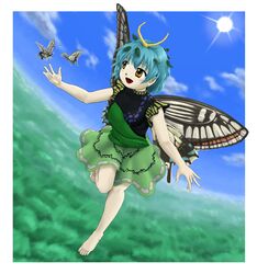  animal antennae aqua_hair bad_anatomy barefoot blush border bug butterfly butterfly_wings day dress eternity_larva fairy female green_dress hair_between_eyes highres insect_wings jewelry leaf leaf_on_head multicolored_clothes multicolored_dress open_mouth orange_eyes parasite_oyatsu ring short_hair short_sleeves smile solo sun touhou white_border wings zun_(style) 