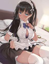  absurdres apron black_dress black_hair blue_eyes breasts cleavage closed_mouth collared_shirt commentary_request dress female frilled_apron frills garter_straps highres kurasawa_moko large_breasts long_hair looking_at_viewer maid maid_headdress on_bed one_eye_closed one_side_up original pillow shirt sitting solo sweat thighhighs very_long_hair white_apron white_shirt white_thighhighs 