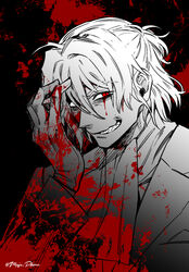  1boy antonio_salieri_(fate) antonio_salieri_(second_ascension)_(fate) arm_up blood blood_on_clothes blood_on_face blood_on_hands commentary_request fate/grand_order fate_(series) gloves long_sleeves looking_at_viewer male_focus meiji_ken monochrome red_eyes smile smirk solo teeth upper_body 