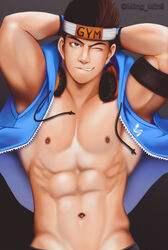  1boy abs absurdres armband arms_behind_head bara bare_pectorals black_gloves black_hair blue_vest brown_eyes gloves gyee headband headphones headphones_around_neck highres hood hood_down hooded_vest hoodie large_pectorals lee_(gyee) male_focus min9_(mingmin93) muscular muscular_male navel nipples one_eye_closed open_clothes open_vest pectorals short_hair solo twitter_username upper_body vest 