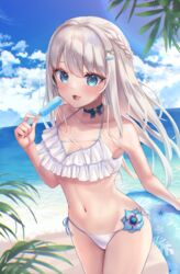  :3 :d absurdres alternate_costume beach bikini blue_bow blue_choker blue_eyes blue_flower blue_gemstone blue_innertube blue_sky blurry blurry_foreground blush bow bow_choker braid breasts caustics choker cleavage cloud cloudy_sky collarbone commentary_request cowboy_shot cross-laced_clothes day depth_of_field drop_earrings earrings female fish_hair_ornament floral_print flower food fork_hair_ornament french_braid frilled_bikini frills from_side gem groin hair_ornament hairclip halterneck hand_up happy highres holding holding_food holding_swim_ring horizon indie_virtual_youtuber innertube jewelry knife_hair_ornament long_hair looking_at_viewer medium_breasts mole mole_under_eye nagino_mashiro navel ocean open_mouth outdoors palm_leaf popsicle reityana side-tie_bikini_bottom sidelocks sky smile solo standing straight_hair strap_gap sweat swim_ring swimsuit thighs virtual_youtuber water white_bikini white_hair 