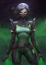  armor artstation_username belt belt_pouch black_bodysuit black_gloves black_hair bodysuit boots breasts cheesewoo colored_smoke cowboy_shot female floating_hair gloves green_bodysuit green_eyes highres looking_at_viewer mask medium_breasts mouth_mask pauldrons poison_(final_fight) pouch respirator short_hair shoulder_armor smoke solo swept_bangs thigh_boots thighhighs valorant viper_(valorant) 