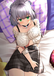  belt black_choker blush braid breast_hold breasts choker collarbone doughnut-shaped_pillow female french_braid green_eyes grey_hair holding_own_arm hololive large_breasts lips looking_at_viewer medium_hair natsuki_shuri off-shoulder_sweater off_shoulder official_alternate_hairstyle on_bed pendant_choker pillow plaid plaid_belt plaid_skirt shirogane_noel shirogane_noel_(casual) skirt smile snowflake_pendant solo spaghetti_strap star-shaped_pillow sweater thighs virtual_youtuber watch wavy_hair white_sweater wristwatch 