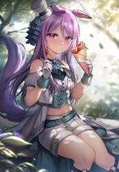  animal_ears bad_id bad_pixiv_id closed_mouth crepe eating female food forest fruit gloves gz_(gyoju) hat highres holding holding_food holding_spoon horse_ears horse_girl horse_tail long_hair looking_at_viewer mejiro_mcqueen_(end_of_sky)_(umamusume) mejiro_mcqueen_(umamusume) midriff nature navel official_alternate_costume outdoors purple_eyes purple_hair sitting solo spoon strawberry tail thighs umamusume white_gloves white_hat wrist_cuffs 