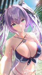  bare_shoulders breasts cleavage cloud female finger_to_mouth green_eyes hair_between_eyes highres king&#039;s_cross_(mist_train_girls) large_breasts looking_at_viewer mist_train_girls nanoka_(1207nanoka) ocean outdoors purple_hair sky solo sunlight tree twintails 