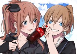  2girls bangs banned_artist black_dress black_gloves black_shirt blue_eyes blush bottle breast_pocket breasts brown_hair cleavage cloud coca-cola cola day dress eyebrows_visible_through_hair fingerless_gloves gloves grin hair_between_eyes holding holding_bottle intrepid_(kancolle) kantai_collection long_hair multiple_girls outdoors pocket ponytail saki_tsurugi saratoga_(kancolle) shirt sky smile sweat upper_body 