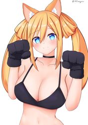  absurdres animal_ears bare_shoulders black_gloves blue_eyes blush breasts female gloves hair_between_eyes hair_rings happy highres large_breasts long_hair looking_at_viewer neptune_(series) nitoya orange_hair orange_heart_(neptunia) power_symbol power_symbol-shaped_pupils shin_jigen_game_neptune_vii smile solo symbol-shaped_pupils twintails upper_body white_background 