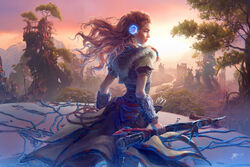  aloy_(horizon) arrow_(projectile) braid capelet commentary english_commentary female focus_(horizon) forehead from_behind fur_trim green_eyes headset highres holding holding_polearm holding_weapon holographic_interface horizon_(video_game) horizon_zero_dawn koloromuj landscape layered_skirt leather_skirt long_hair looking_at_viewer looking_back nose orange_hair photoshop_(medium) polearm post-apocalypse quiver ruins side_braids skirt solo_focus spear sunset tallneck_(horizon) thick_eyebrows tribal turning_head vambraces weapon 